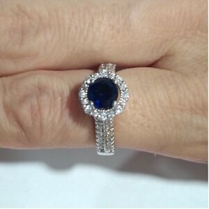 Sapphire Ring Halo Cubic Zirconia CZ Accents Cocktail Ring Silver Tone Size 6
